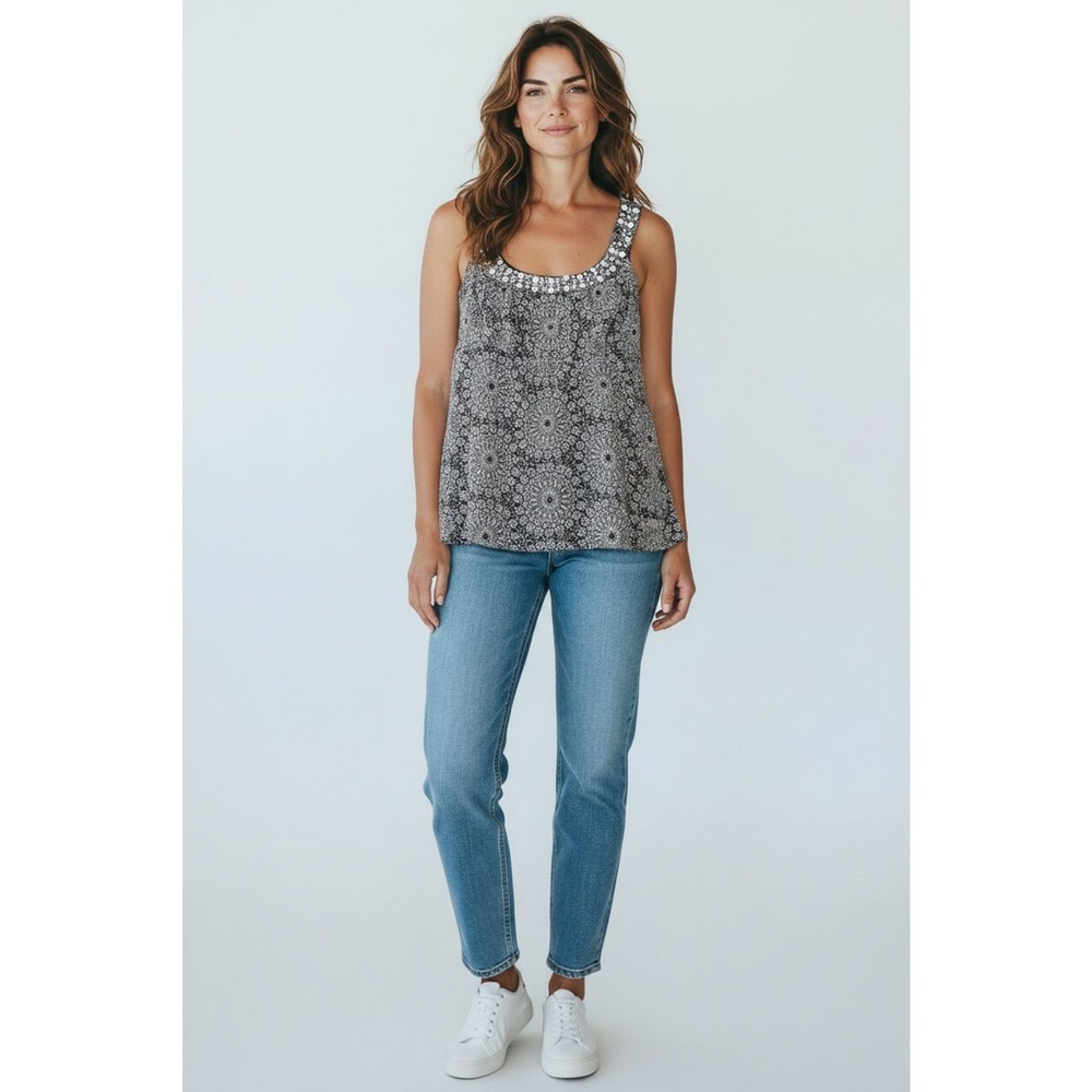 Ann Taylor LOFT Women's Navy Blue White Medallion Beaded Tank Top Size 14 - Picture 1 of 8